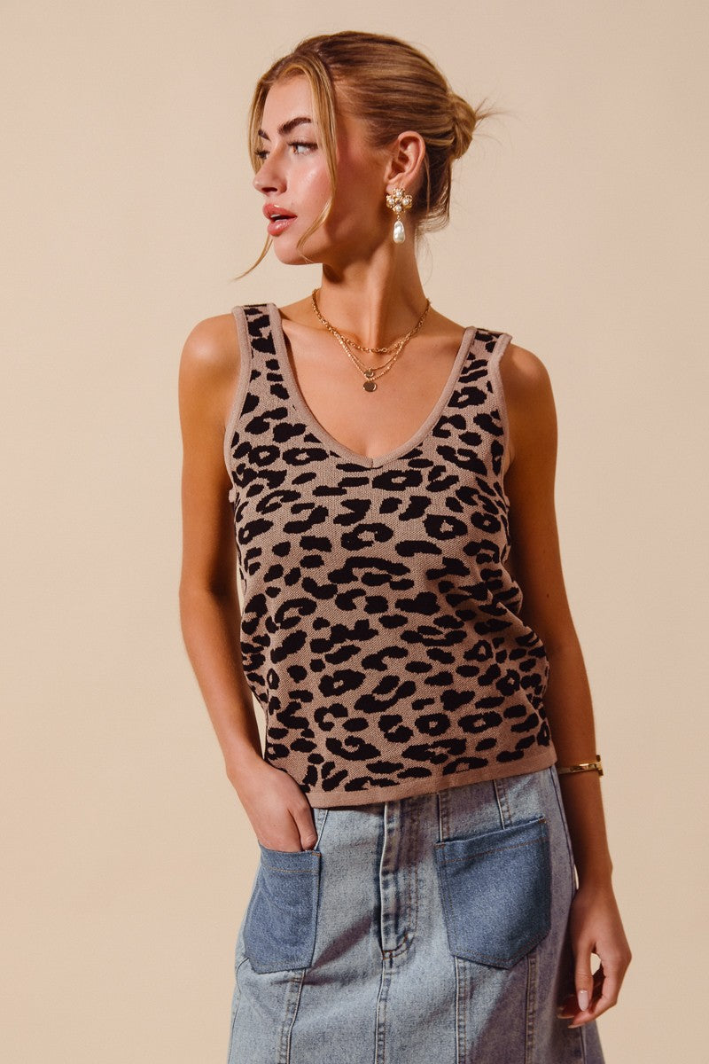 Model styling Katie Leopard Tank with denim for casual everyday outfit.