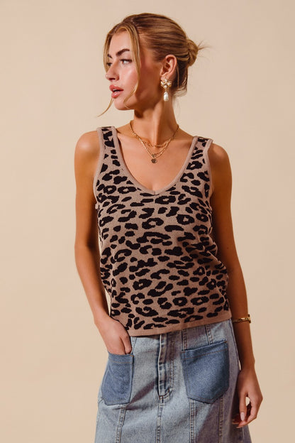 Model styling Katie Leopard Tank with denim for casual everyday outfit.