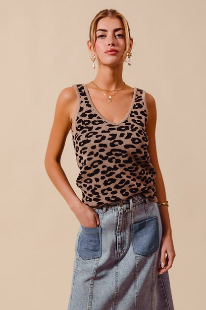 Katie Leopard Tank taupe leopard knit sleeveless top.