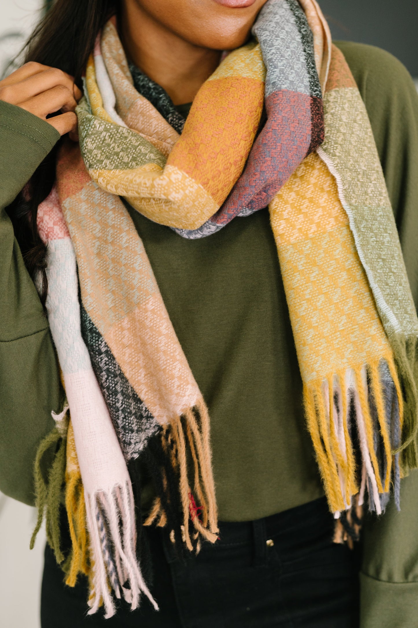 Keep Me Cozy Checkered Fringe Scarf in pine and petals with soft brushed fabric.