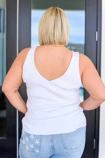 Plus size back view of Keeley Rib Knit Tank Top showcasing low-cut back and ribbed knit texture.