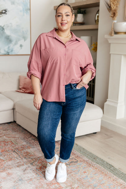 Promila Pink Button Up Top - Collared, Rolled Sleeve Style