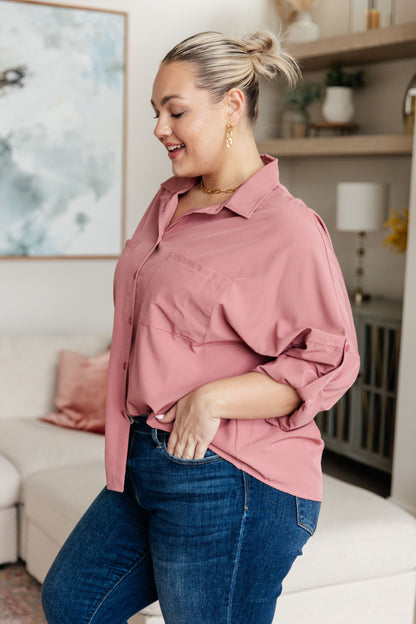 Promila Pink Button Up Top - Collared, Rolled Sleeve Style