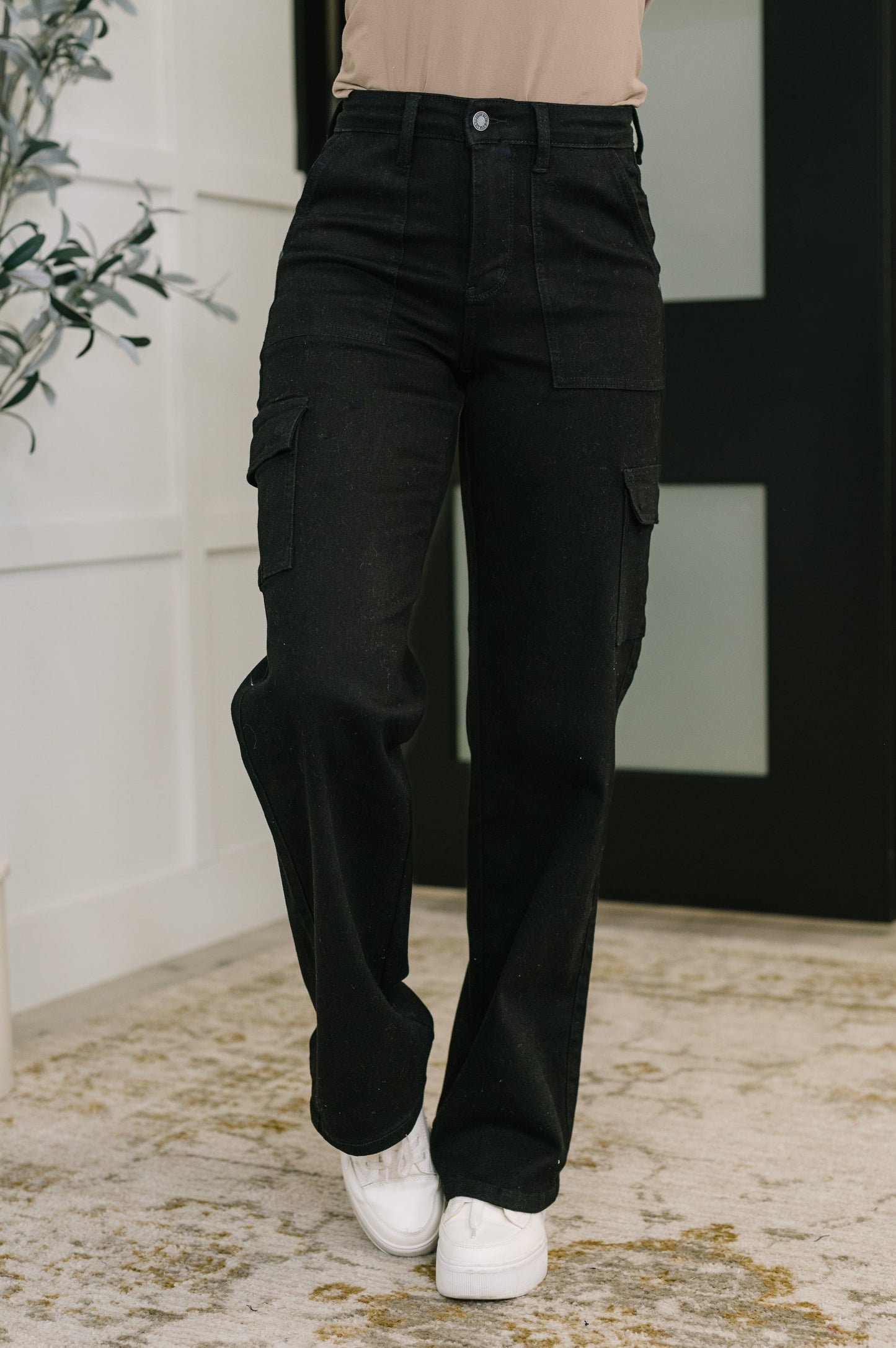 Keira High Waist Cargo Wide Black Pants – Front view with zip fly and wide leg.