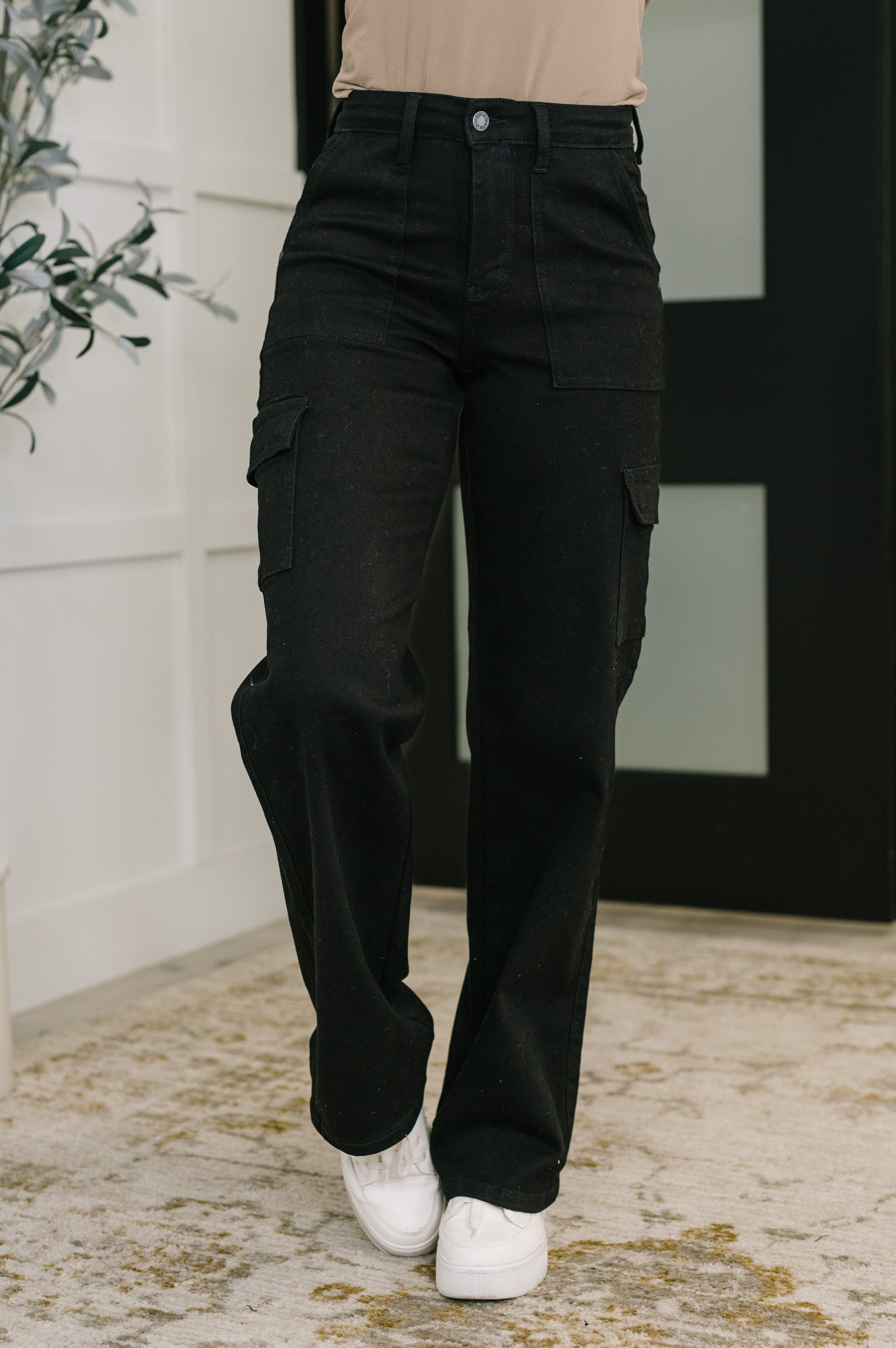 Keira High Waist Cargo Wide Black Pants – Front view with zip fly and wide leg.