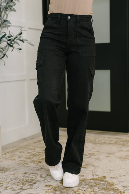 Keira High Waist Cargo Wide Black Pants – Front view with zip fly and wide leg.
