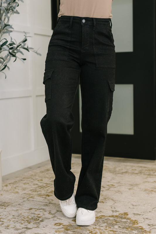 Keira High Waist Cargo Wide Black Pants – Front view with zip fly and wide leg.
