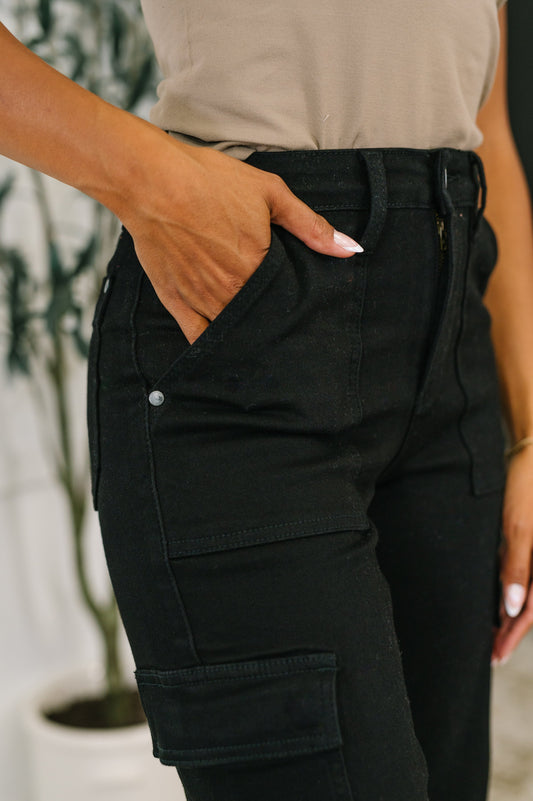 Keira High Waist Cargo Wide Black Pants – Front close up of high rise waistline.