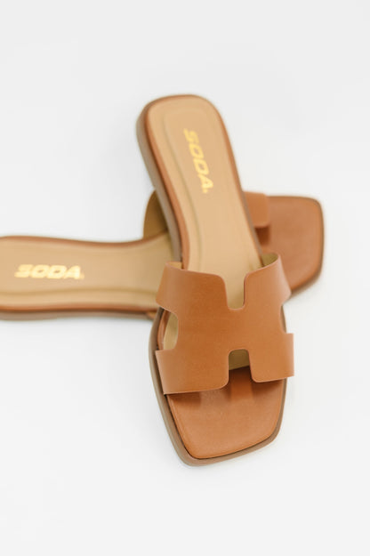Front view of Knit Square Toe Slide On Sandal by Soda showing square toe and slip on design.