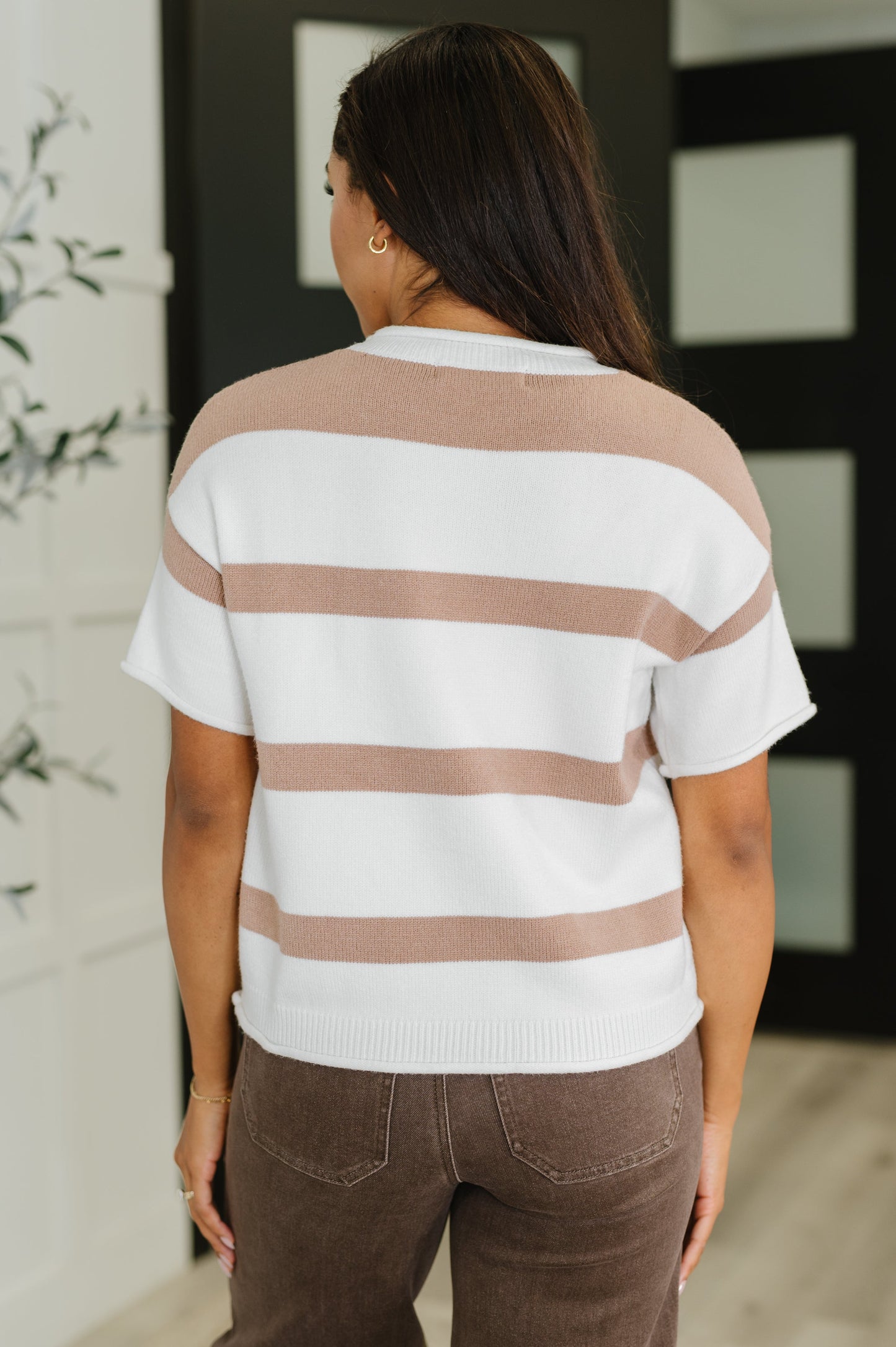 Back view of Eliette Drop Shoulder Sweater Knit Top showing stripe pattern
