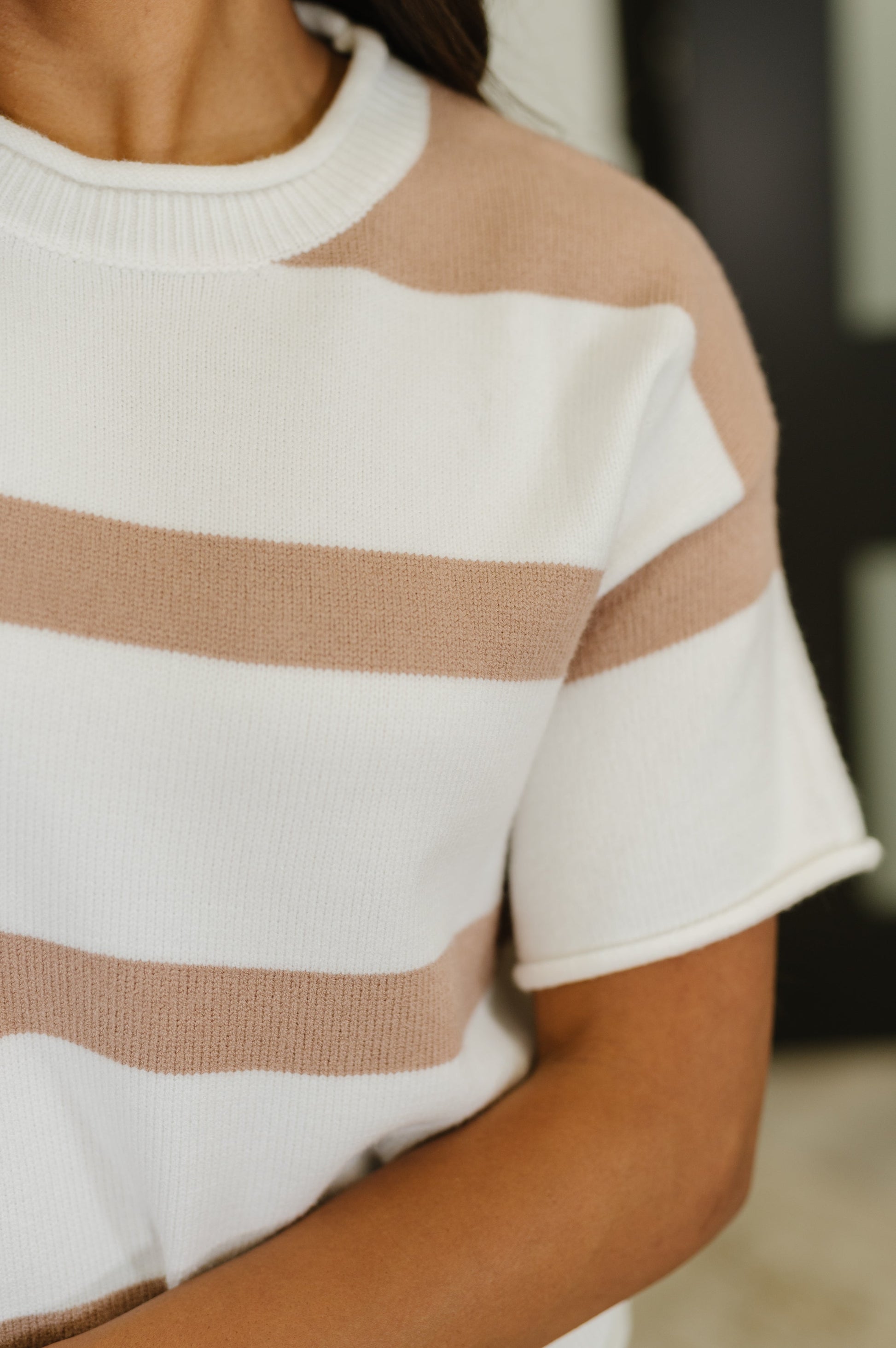 Close up of neckline and stripe detail on Eliette Drop Shoulder Sweater Knit Top