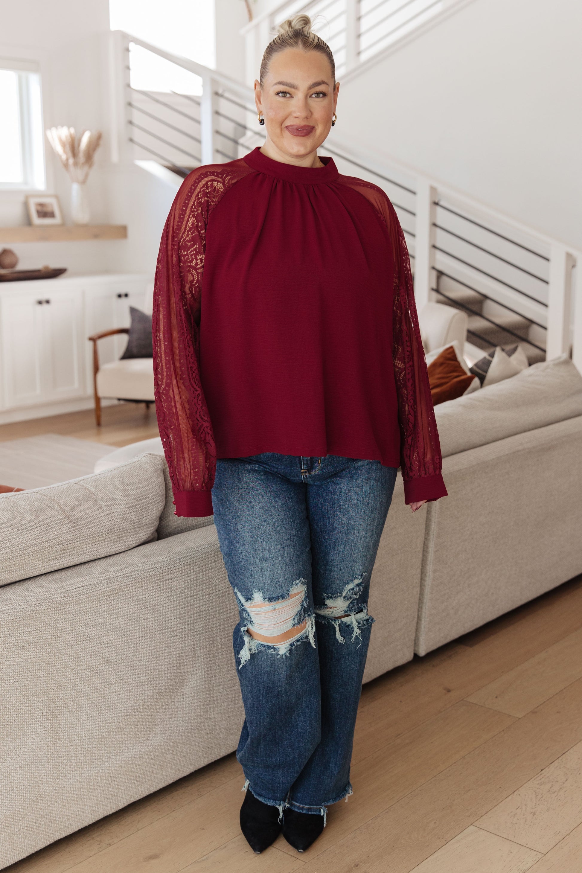 Front view of plus size Lacey Blouse showing crinkle woven bodice and sleeve detail.