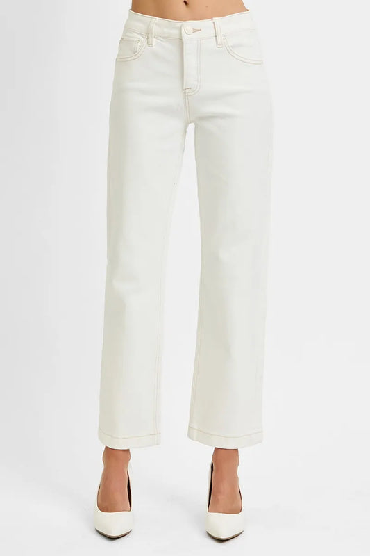 Size inclusive cream Leanne mid rise ankle straight jeans with tummy control, front view