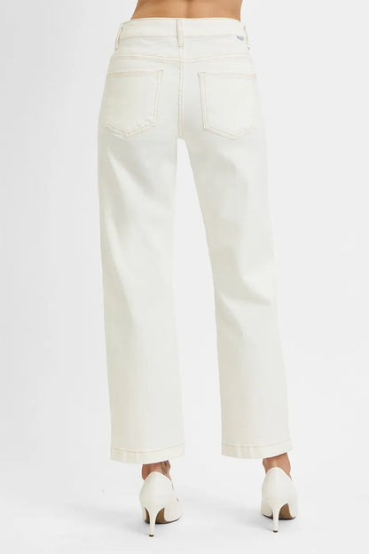 Leanne cream ankle straight jeans with tummy control waist, back view