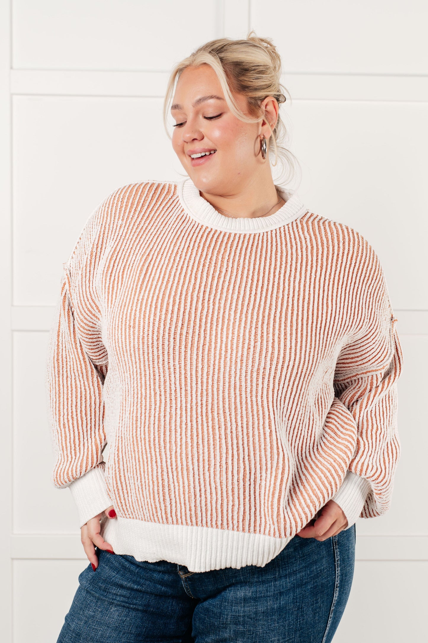 Lissa Contrast Trim Sweater with textured knit, banded ribbed neckline, cuffs, and hemline, drop shoulder design, and side slits for a chic and cozy look.