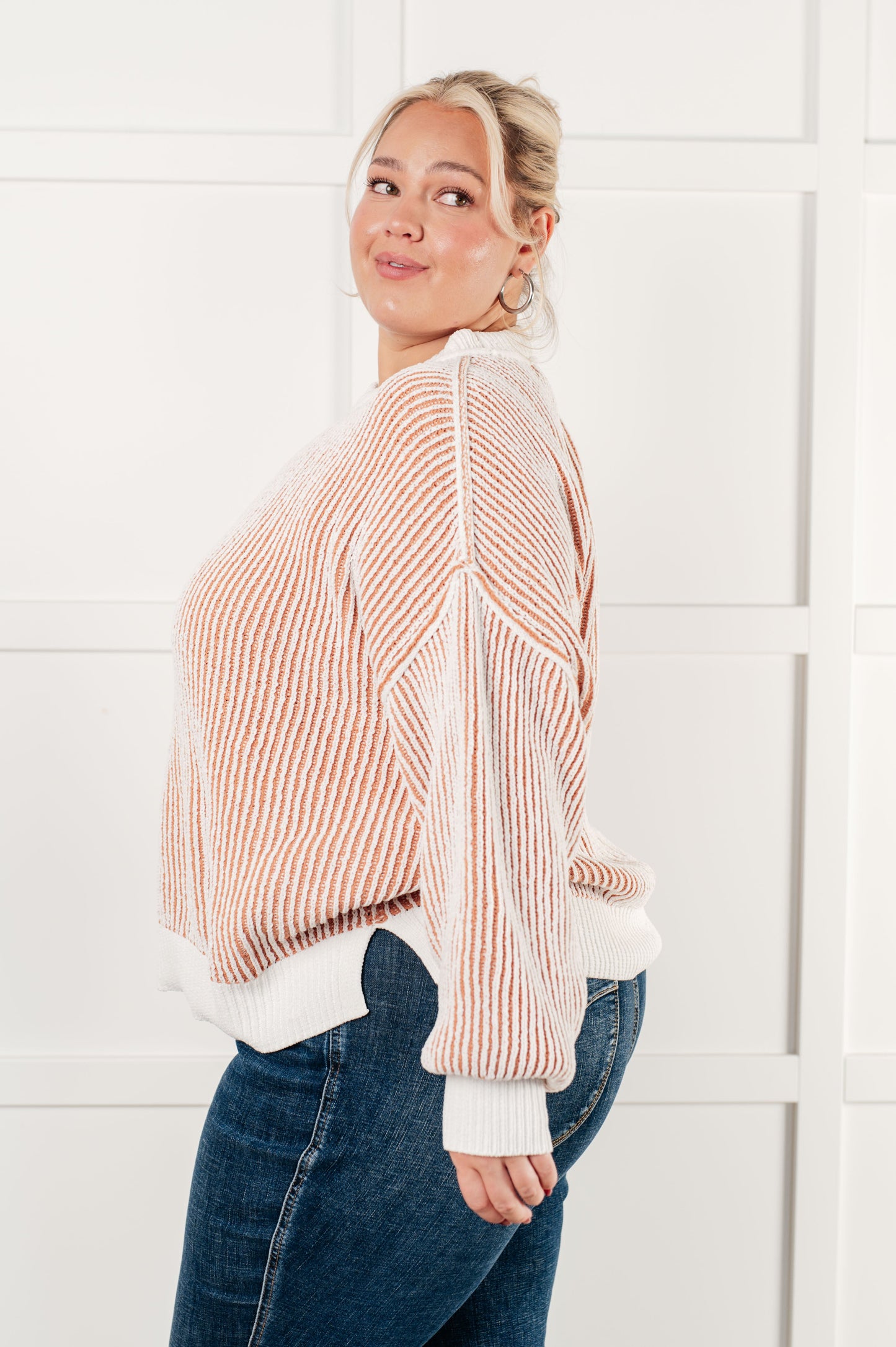 Lissa Contrast Trim Sweater with textured knit, banded ribbed neckline, cuffs, and hemline, drop shoulder design, and side slits for a chic and cozy look.