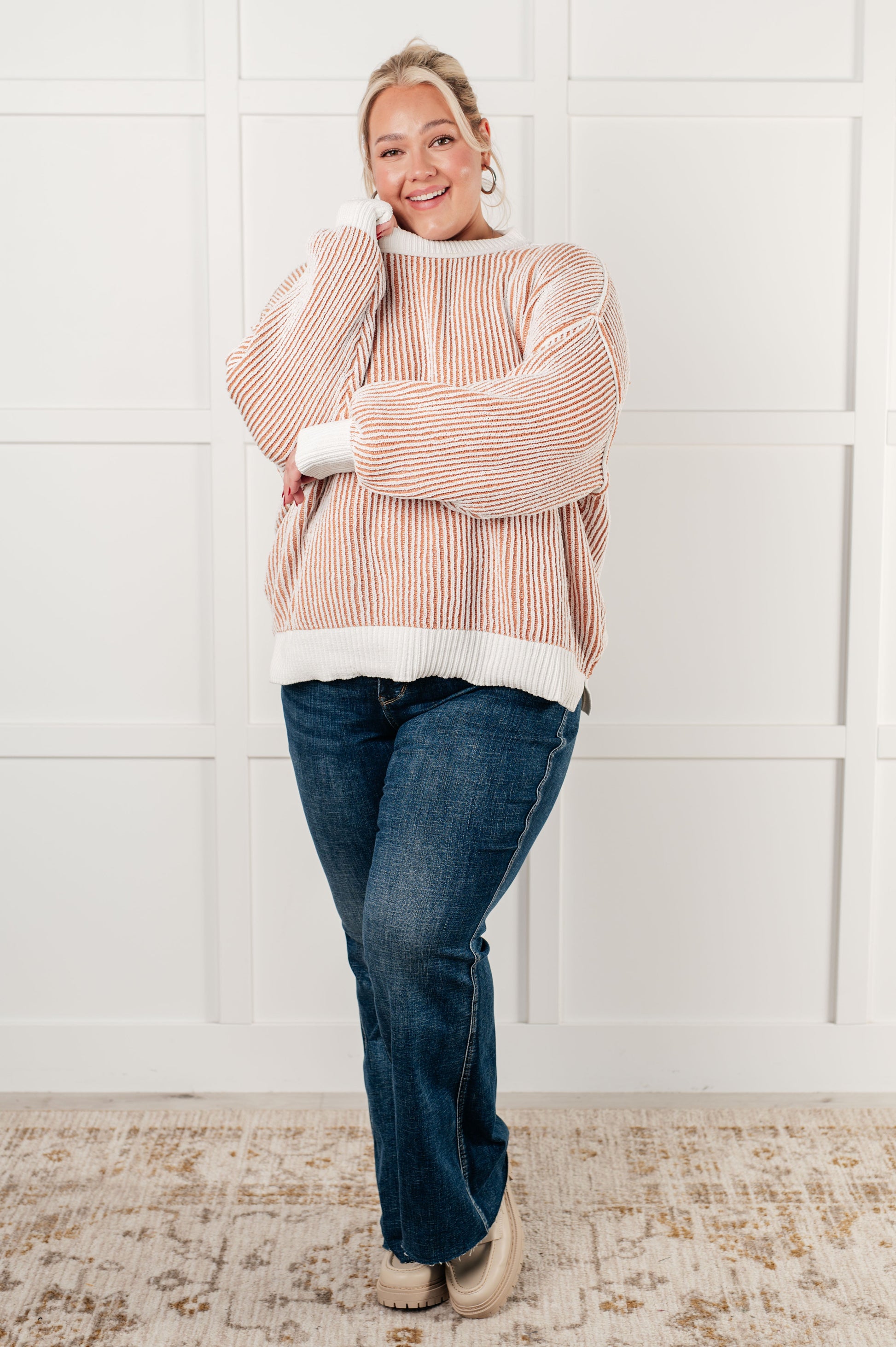 Lissa Contrast Trim Sweater with textured knit, banded ribbed neckline, cuffs, and hemline, drop shoulder design, and side slits for a chic and cozy look.