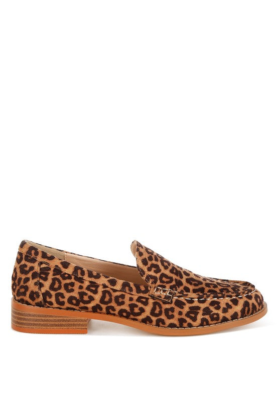 Stylish slip-on leopard print loafers with 1-inch block heel and closed round toe for everyday wear.