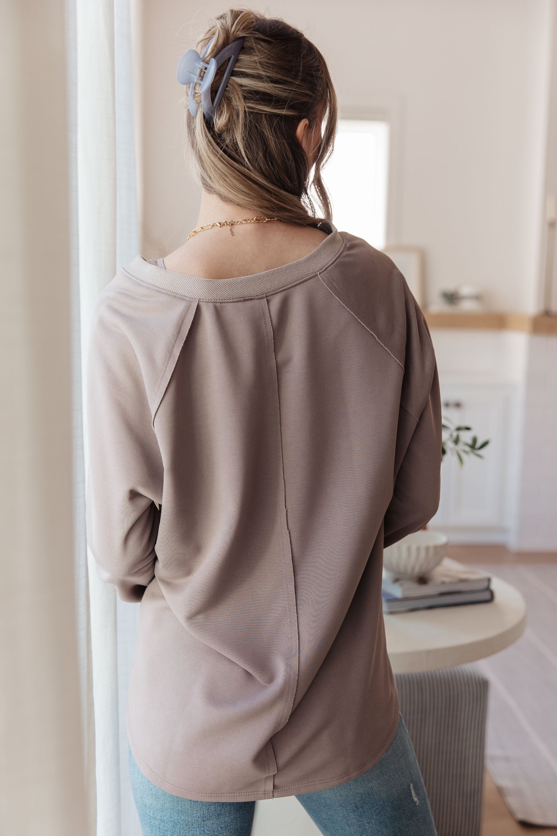 Back of Dominique V-Neck Top, showing seam detail and raglan sleeve construction