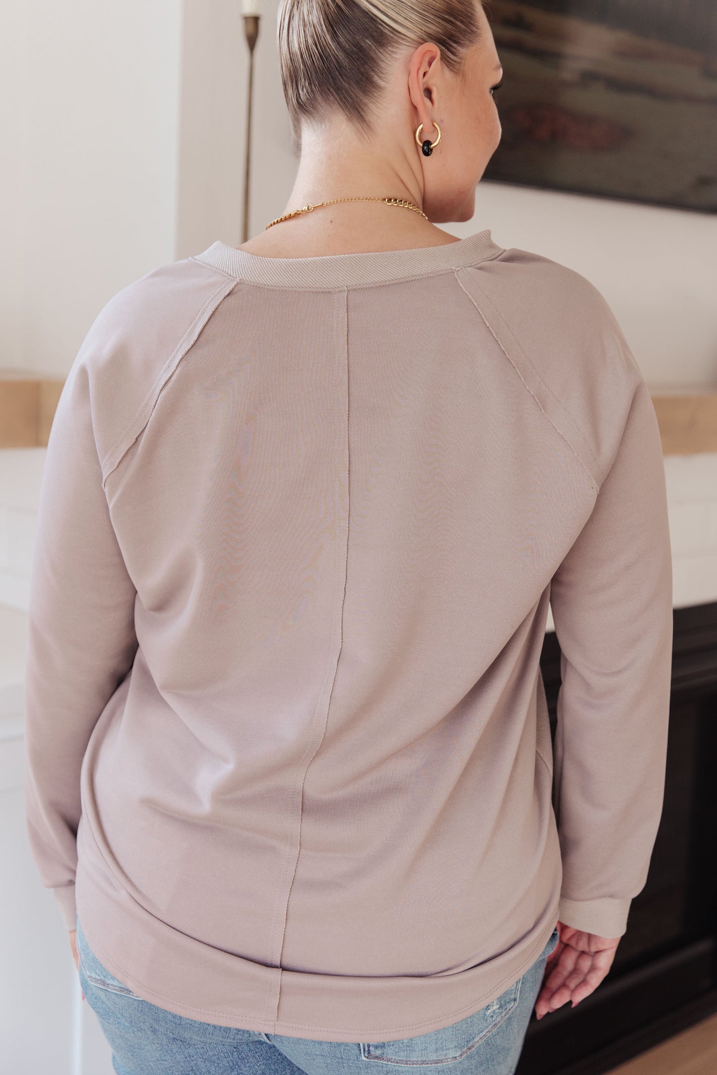 Plus size model back view Dominique V-Neck Top, textured knit with relaxed fit in beige