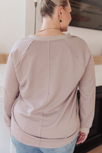 Plus size model back view Dominique V-Neck Top, textured knit with relaxed fit in beige