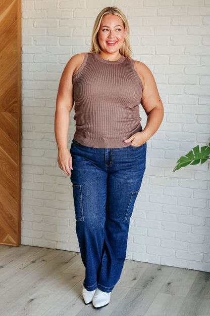 Lenny Ribbed Sweater Tank in brown showing stretch ribbed knit fabric.