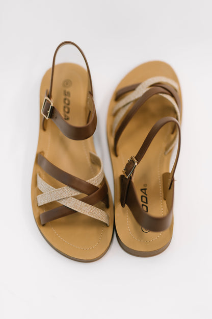 Front view of Lev Ankle Strap Sandals by Soda showing open round toe and woven design.