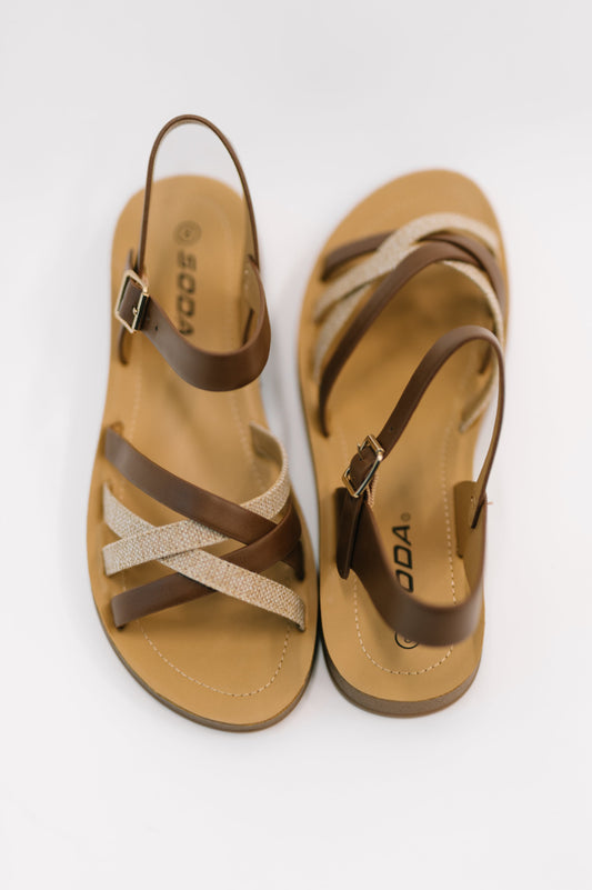 Front view of Lev Ankle Strap Sandals by Soda showing open round toe and woven design.