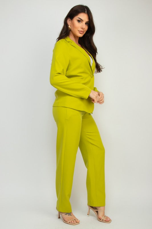 Lime Mavis blazer and midrise pant set with button front closure, side view.