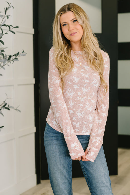 Mara Long Sleeve Top pink floral print front view with casual fit