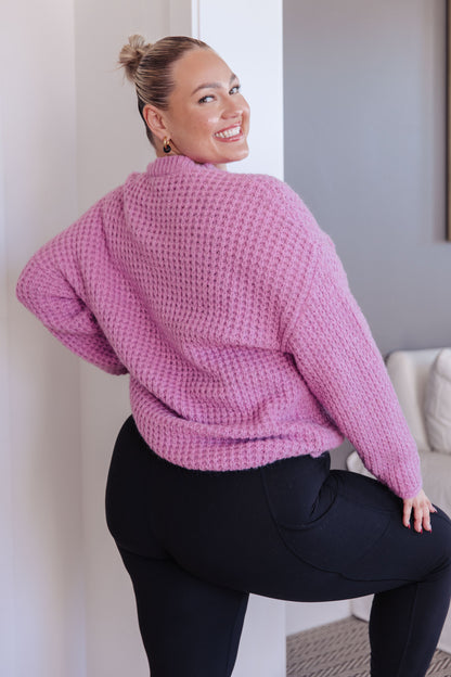 Back view of plus size Leticia Sweater showing relaxed drape and waffle texture.