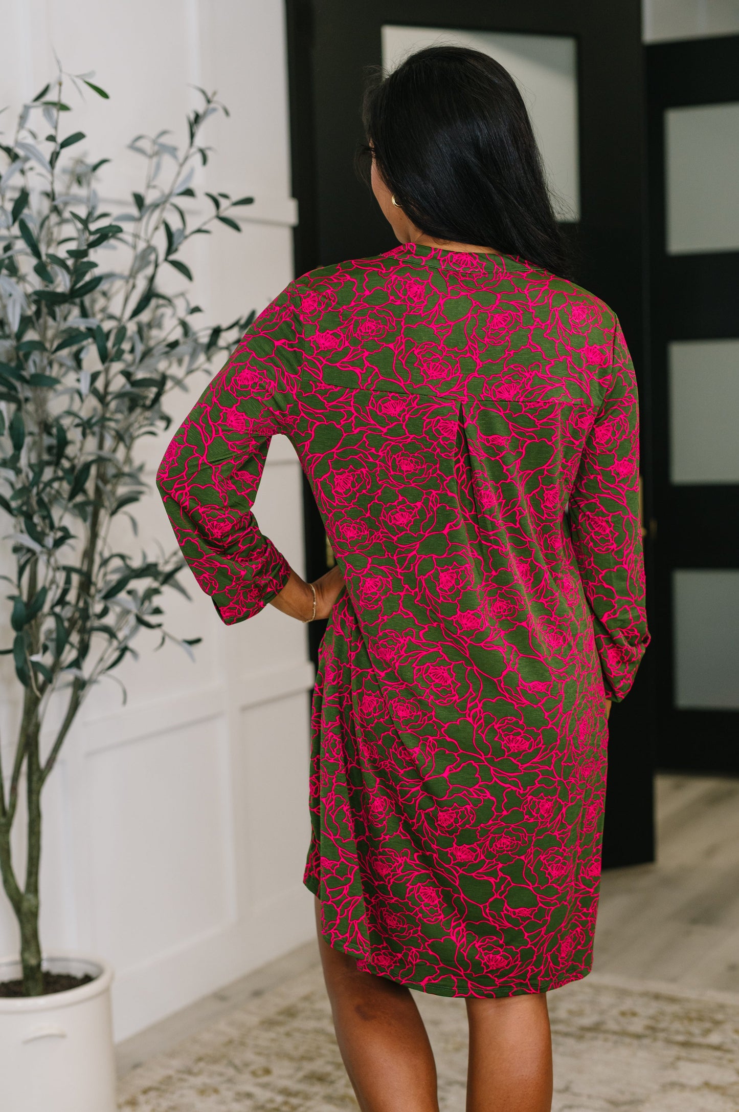 Back of Lizzy Long Sleeve Dress displaying allover pink and olive floral print.