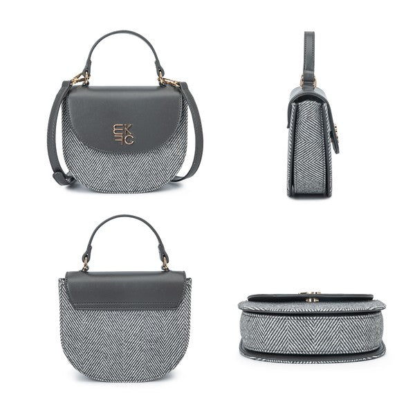 Collage showing front, side, back, and bottom of Heloise herringbone bag.