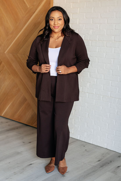 Full body plus size view in Devi Magic Blazer chocolate, chic ruched sleeves and functional pockets.