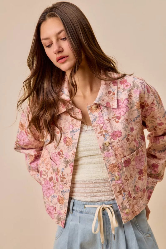 Front view of Maisie Floral Barn Jacket showing button front and collared neckline.