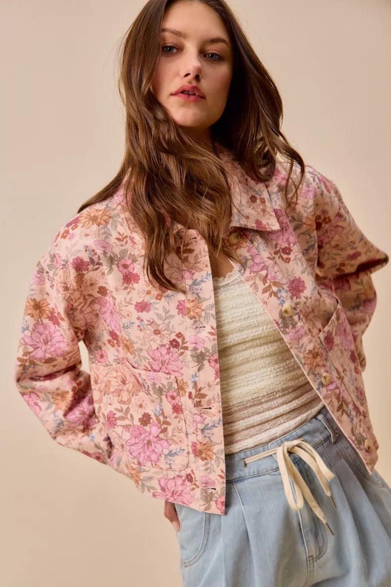 Model styling Maisie Floral Barn Jacket casual layered outfit.