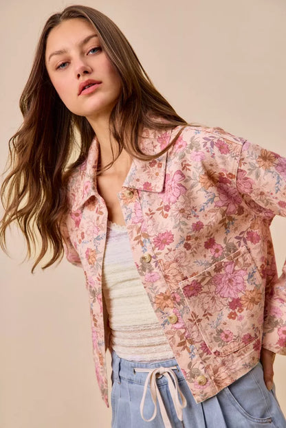 Angled view of Maisie Floral Barn Jacket classic barn jacket silhouette.
