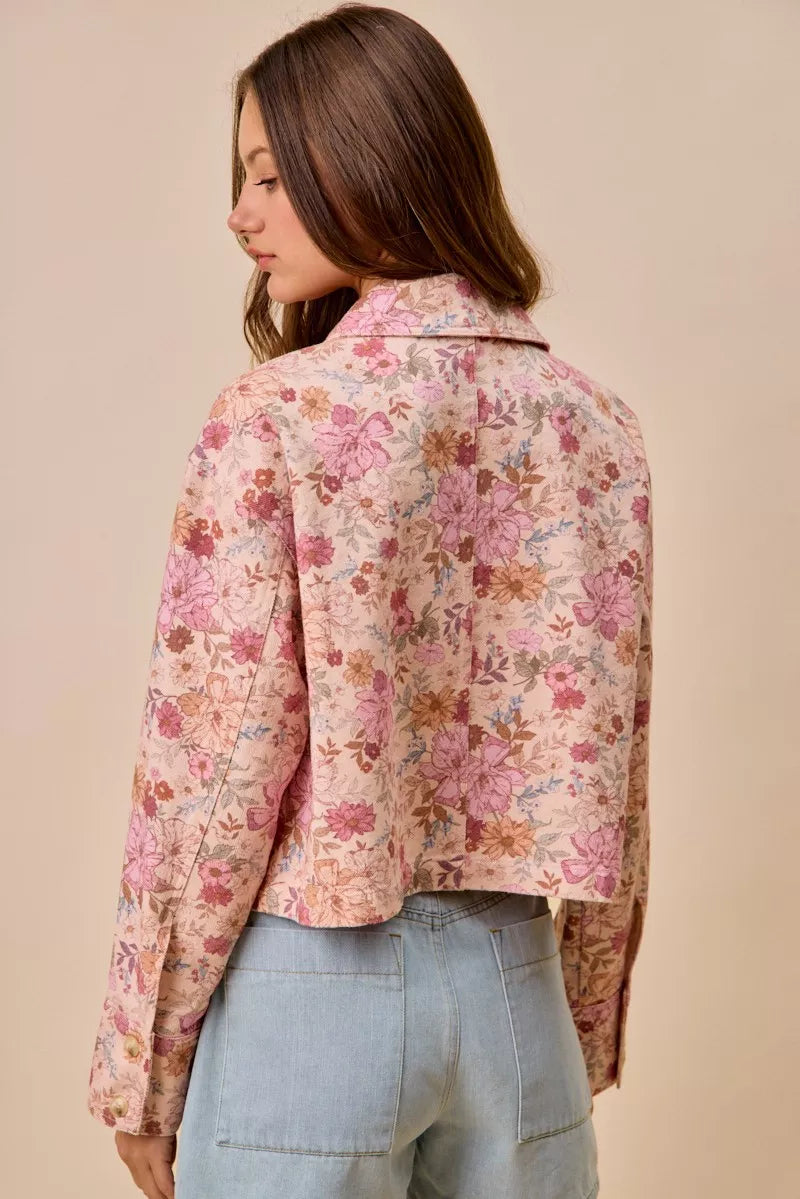Back view of Maisie Floral Barn Jacket floral print detail.