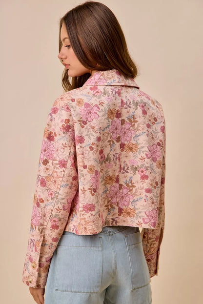 Back view of Maisie Floral Barn Jacket floral print detail.