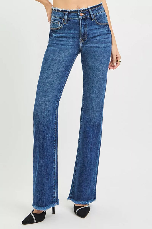 Front view of Makani Mid-Rise Bootcut Jeans showing frayed waist detail.