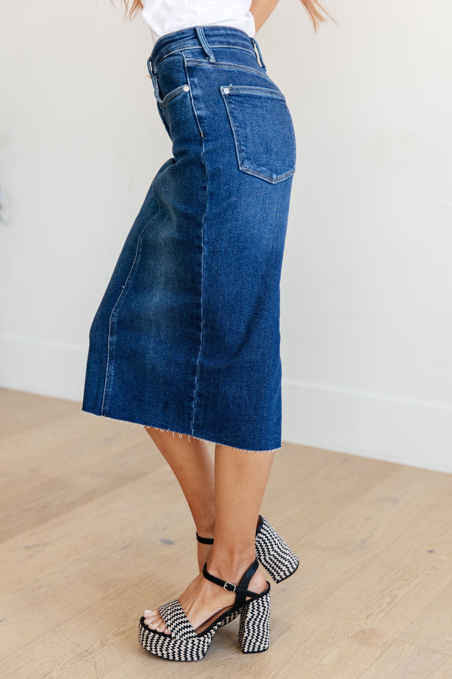 Marcy High Rise Denim Midi Skirt by Judy Blue