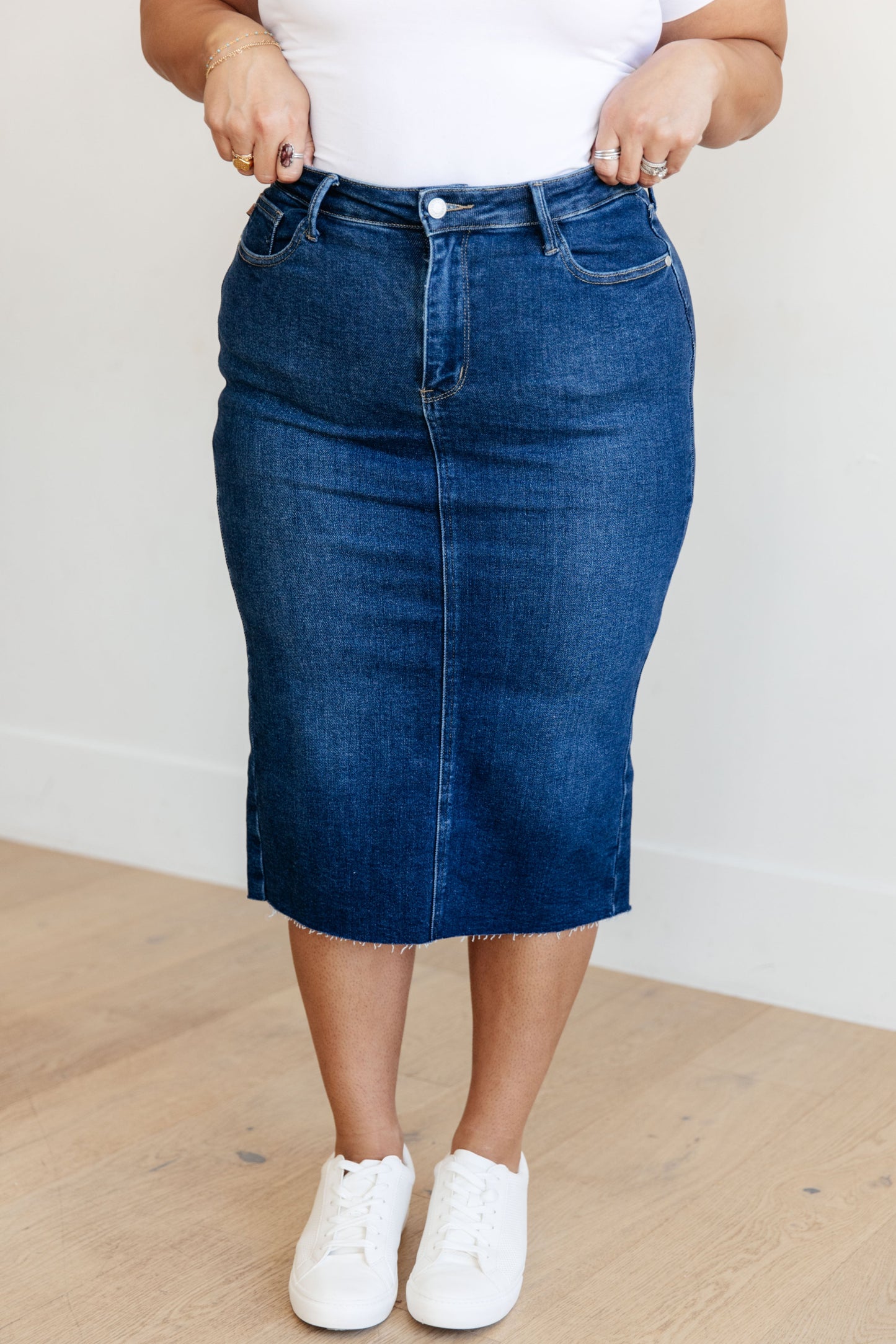 Marcy High Rise Denim Midi Skirt by Judy Blue