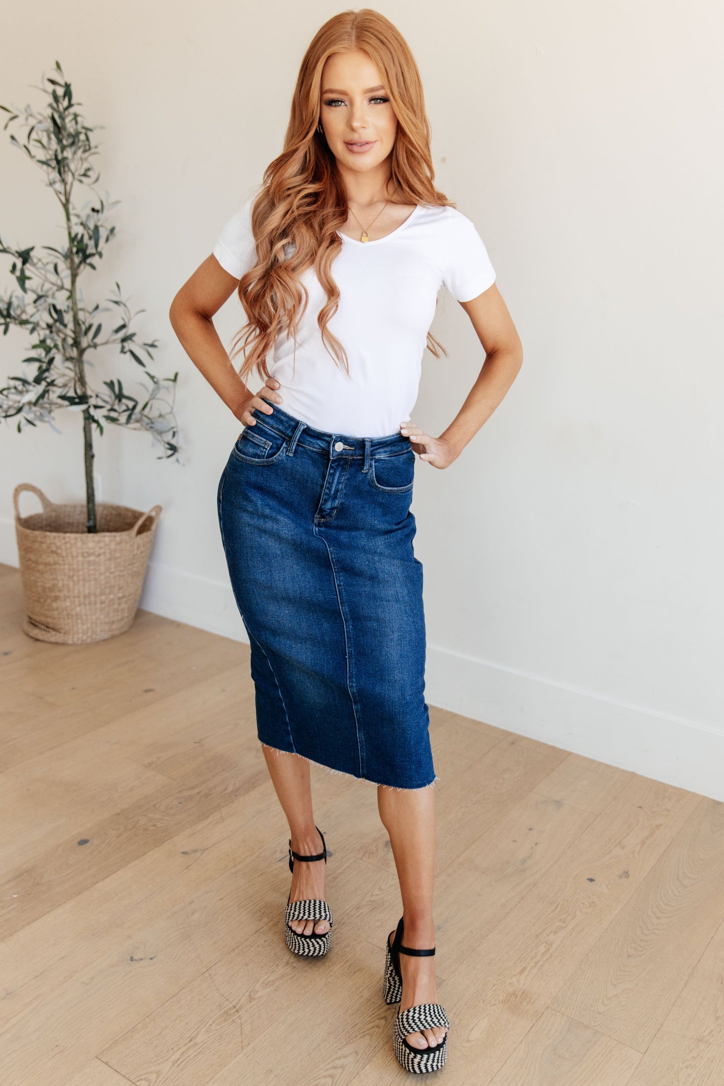 Marcy High Rise Denim Midi Skirt by Judy Blue