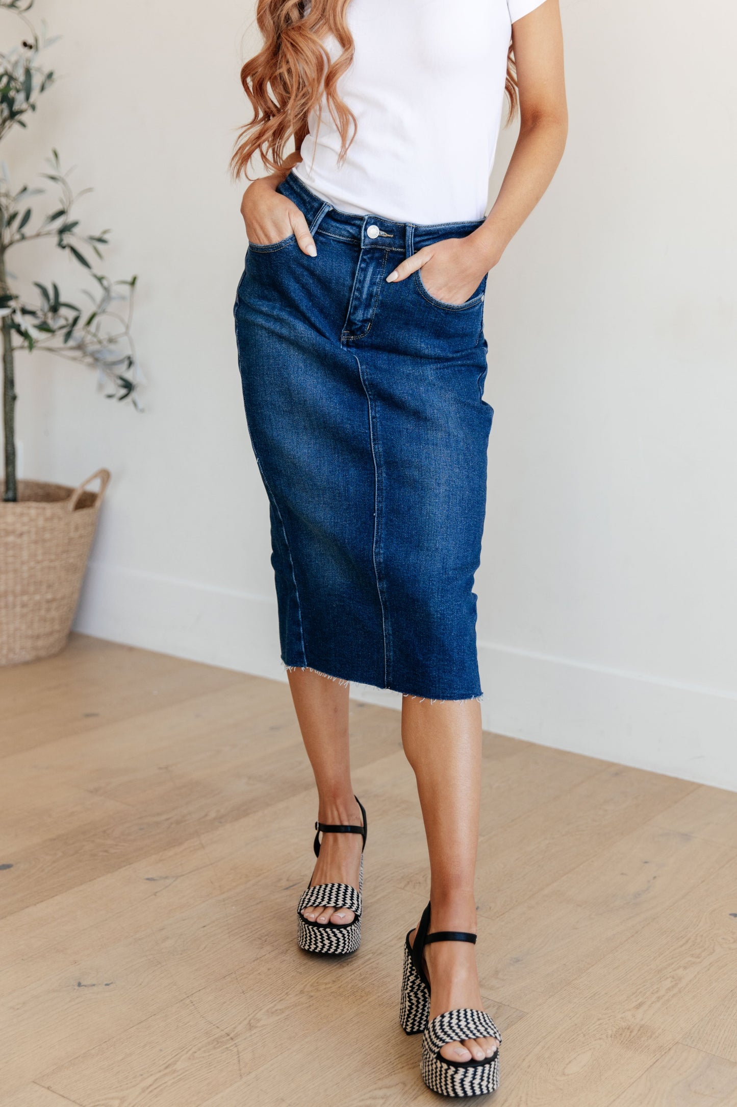 Marcy High Rise Denim Midi Skirt by Judy Blue