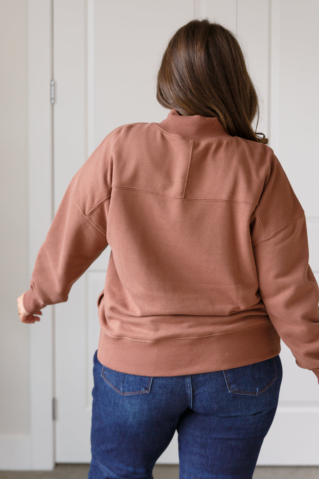 Back view plus size cocoa pullover with ribbed mock neck and long sleeve design.