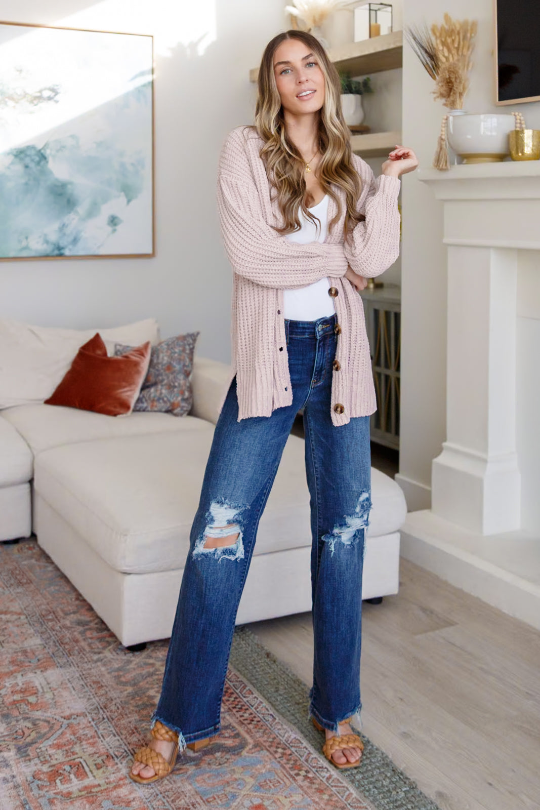 Martha Buttoned Down Cardigan styled with denim for an everyday layered look.