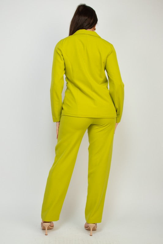 Lime green blazer suit with collared neckline and straight leg pants, back angle.
