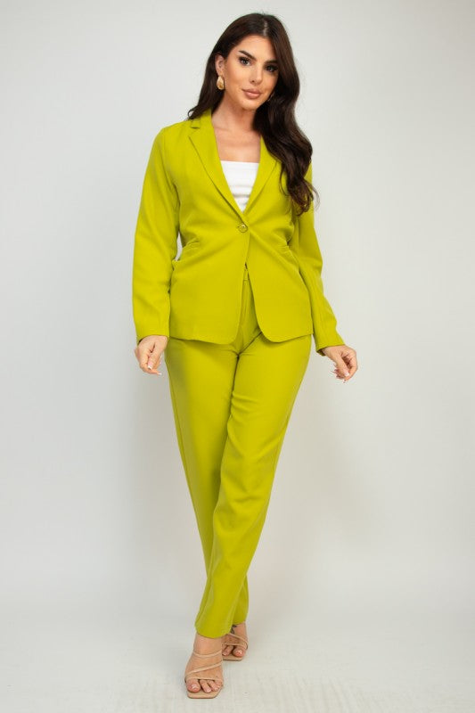 Lime button front blazer with midrise stretch pants, vibrant workwear.