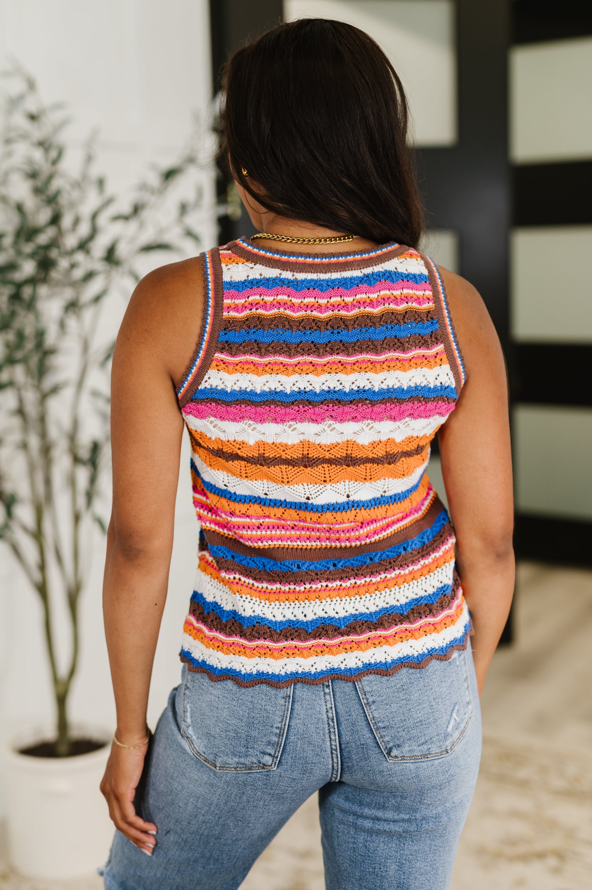 Back View – Araya Brown Multi Stripe Knit Tank, Sleeveless, Scalloped Hem.