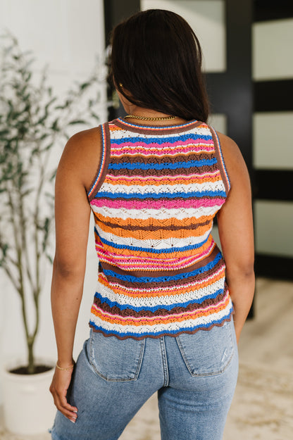 Back View – Araya Brown Multi Stripe Knit Tank, Sleeveless, Scalloped Hem.
